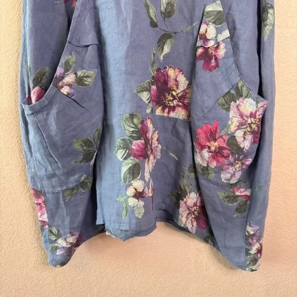 VASNA Lagenlook Linen Dress Blue Floral Made in Italy Oversized Pockets Boho M - Picture 8 of 13